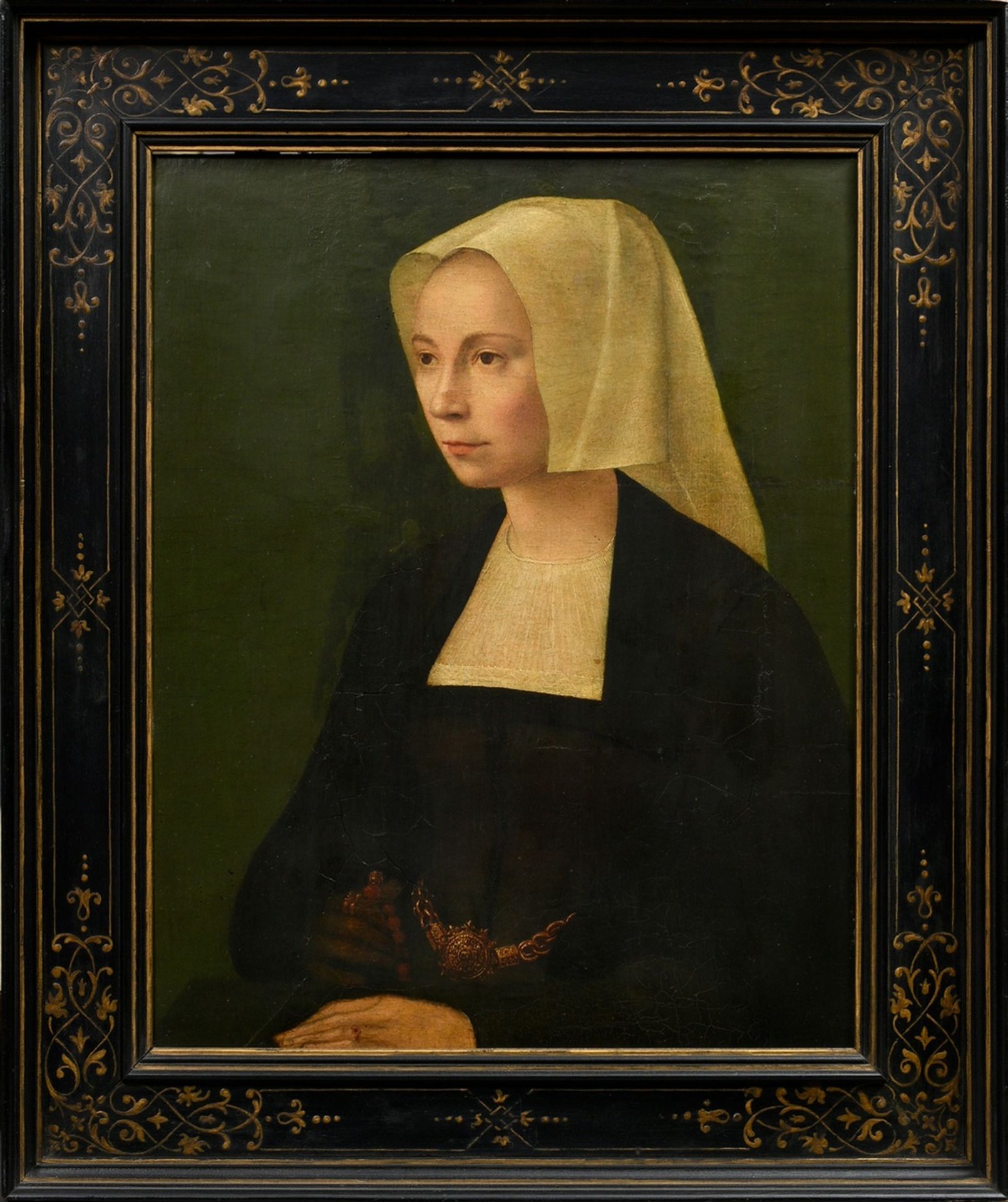 Unknown Dutch master of the 16th c. "Portrait of a lady with bonnet" c. 1520, oil/wood, parquetted, - Image 2 of 11