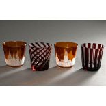 4 Various Rotter glasses with "Hamburg, Lübeck and stripe decorations", amber and red overlay, h. 8