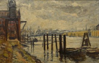 Jensen, Carl Hans (1887-1961) attr. "Hamburg Harbour" 1955, oil/cardboard, sign. b.l., 25,6x39,5cm 