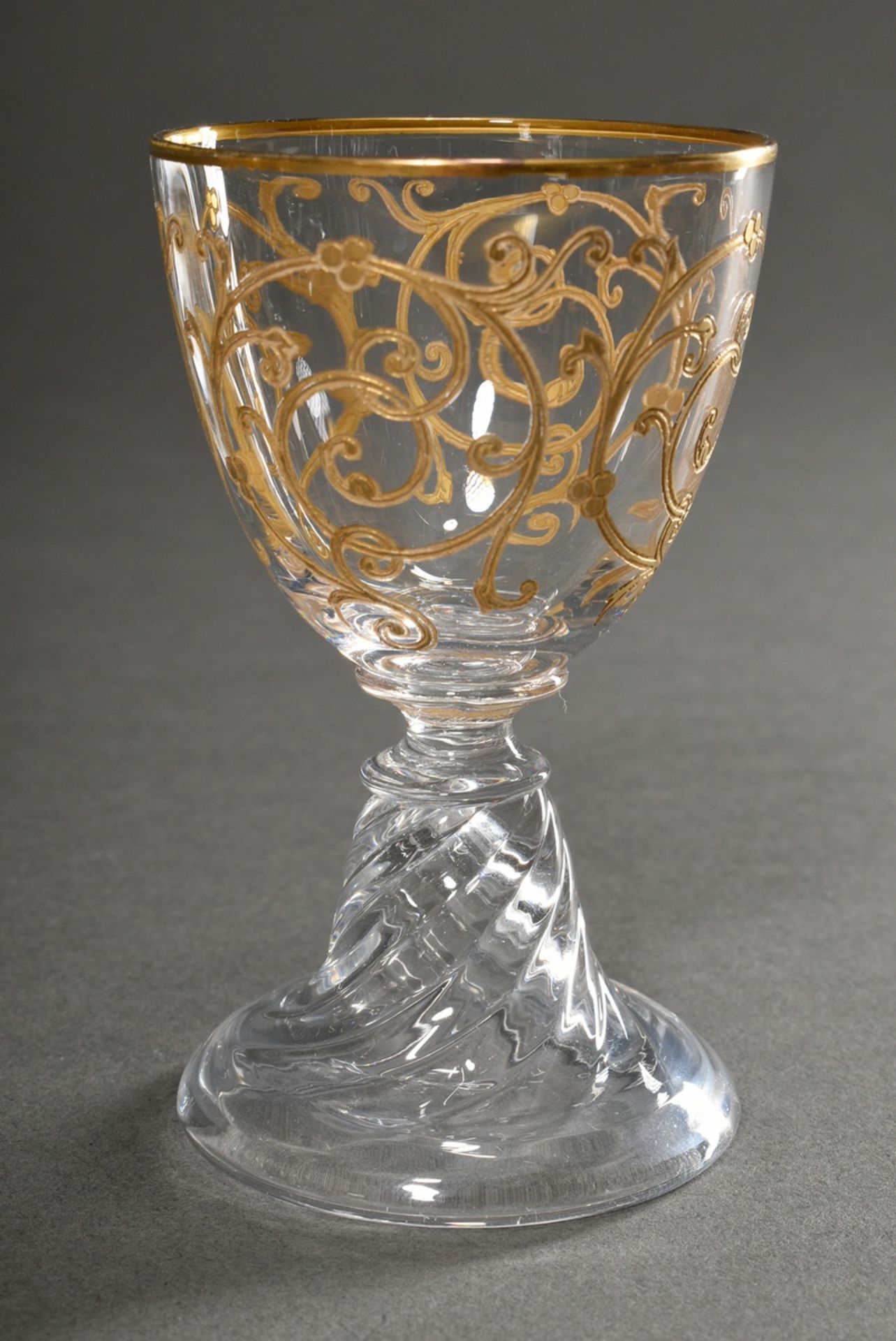 6 Saint Louis glasses with egg-shaped bowl and circumferential gold tendril painting over a curved  - Image 2 of 4