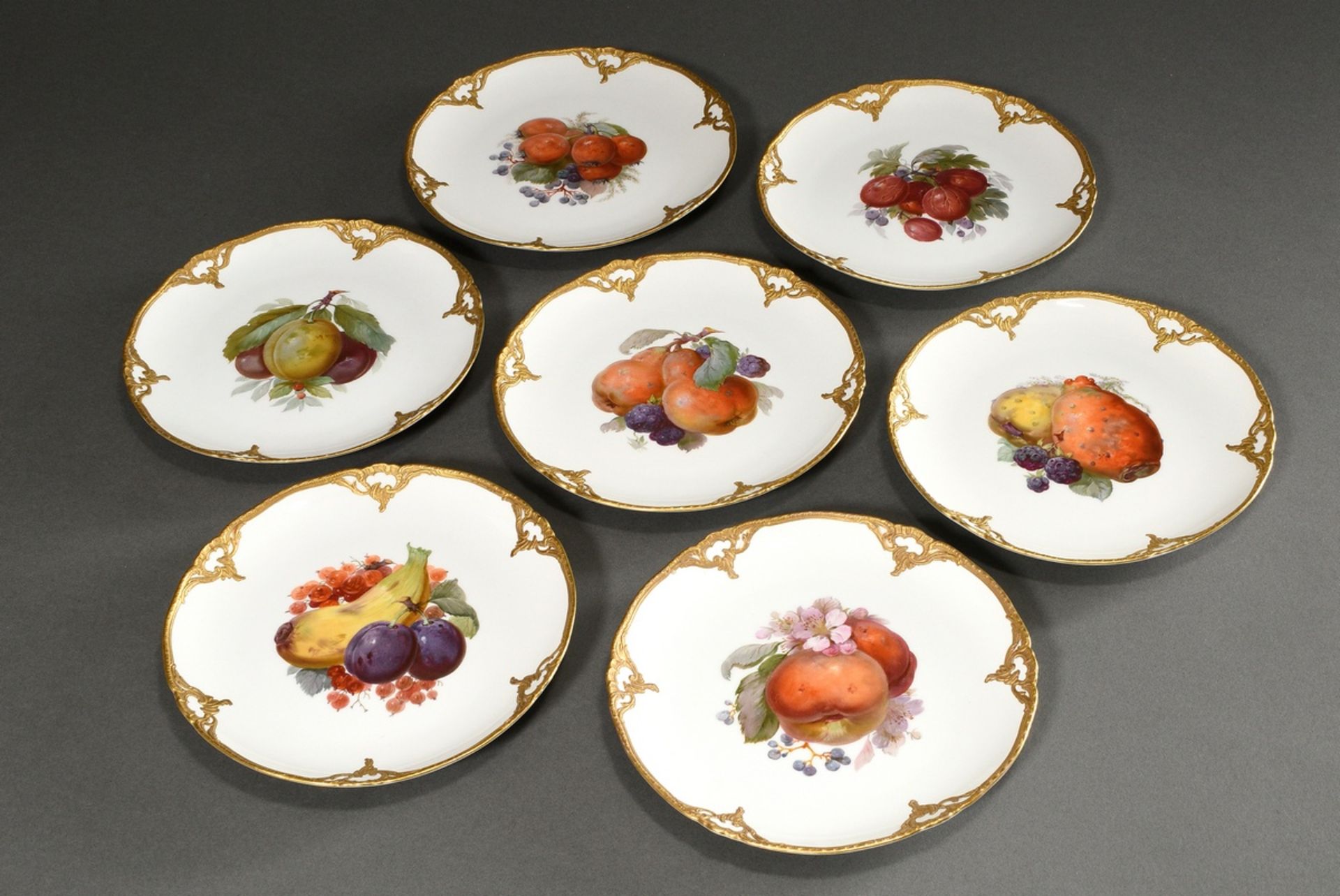 7 Various KPM plates with gilded relief bisque porcelain Rocaille rim, polychrome soft painting "fr - Image 2 of 14