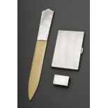 3 Various pieces of guilloché silver: letter opener with Bakkelit blade (l. 29.5cm), matchbox case,