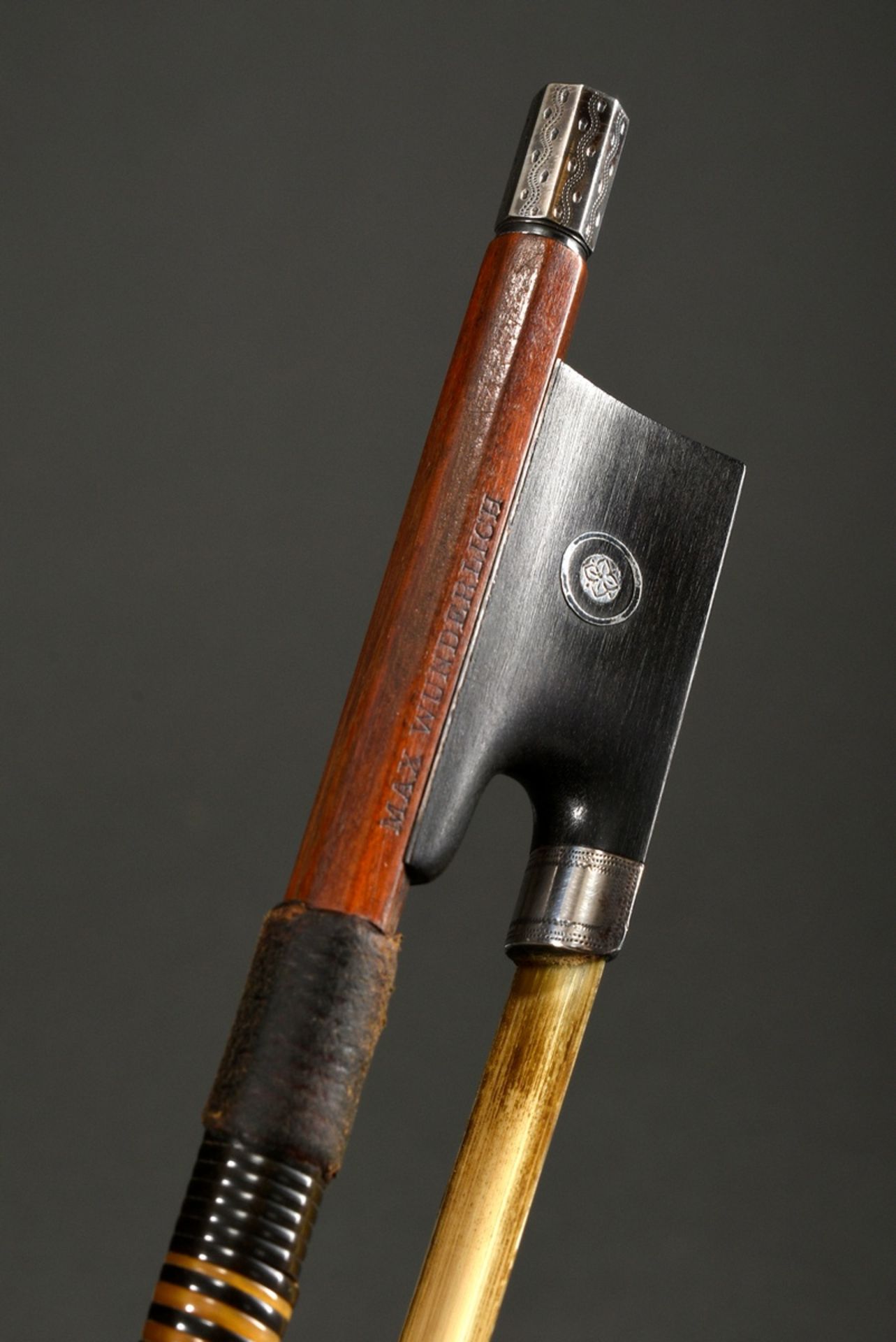 Masterly violin bow, stamped "Max Wunderlich", Germany 1st half 20th c., finely chased silver fitti - Image 11 of 14