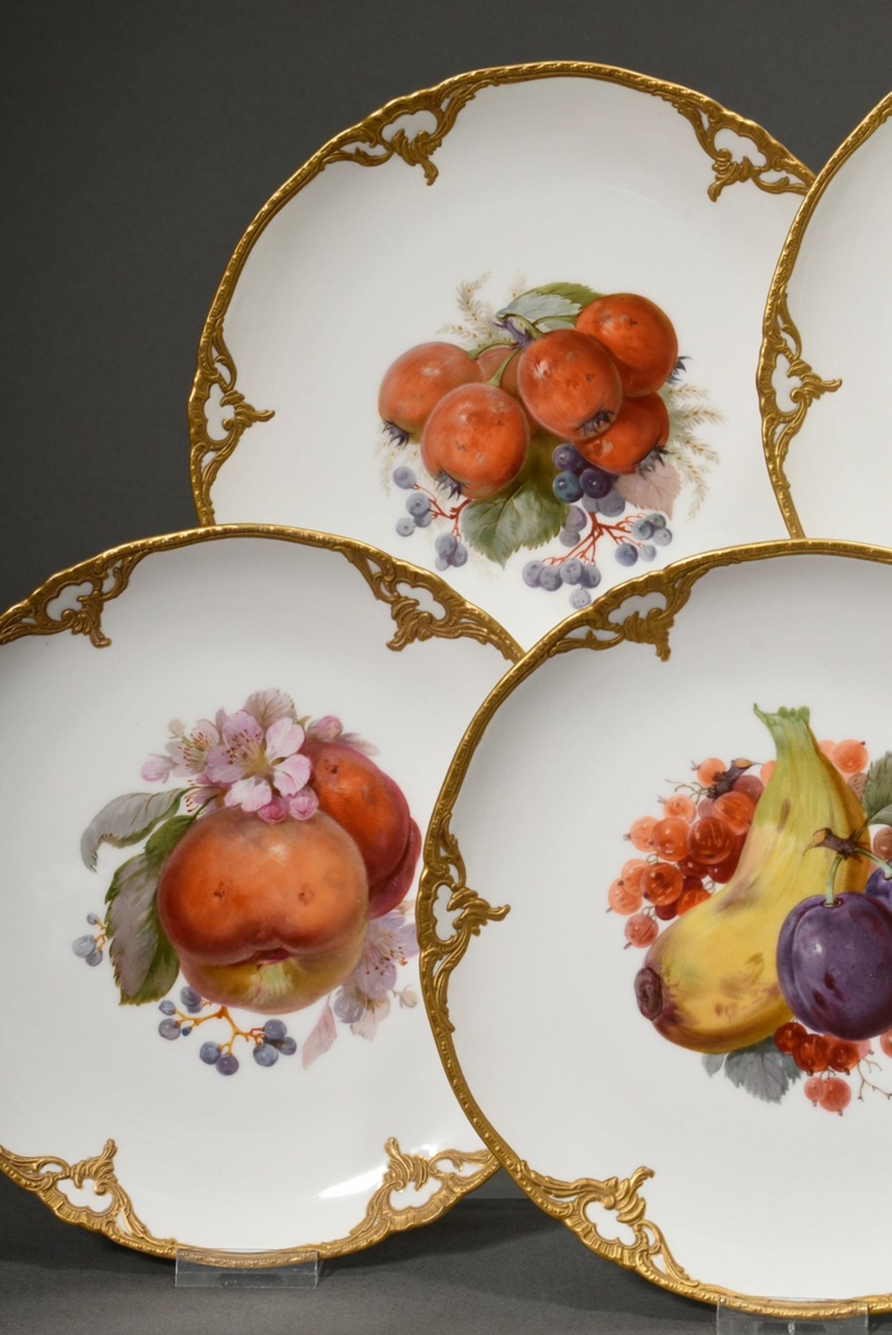 7 Various KPM plates with gilded relief bisque porcelain Rocaille rim, polychrome soft painting "fr - Image 8 of 14