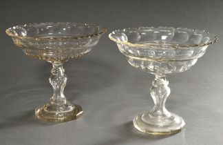 Pair of Biedermeier glass tops with olive cut decoration on polygonal feet, h. 23,8cm, Ø 26,8cm, mi