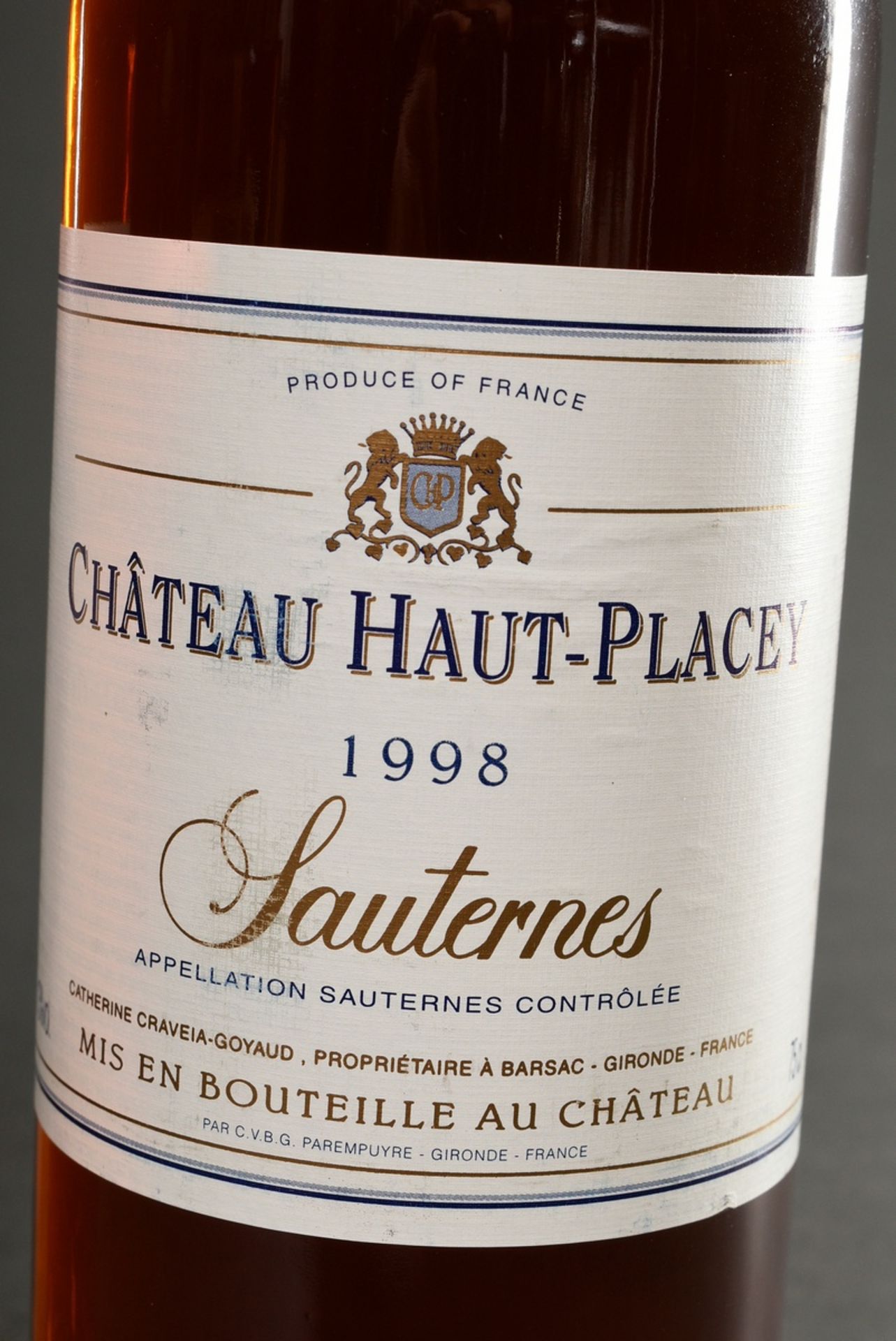 2 Flaschen 1998 Chateau Haut-Placey, Sauternes, Craveia-Goyaud, 0,75l, durchgehend gute Kellerlager - Bild 2 aus 5