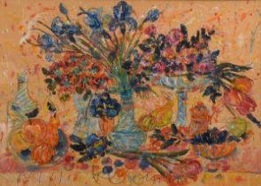 Klosowski, Alfred (*1927) "Stillleben mit Blumen, Vasen und Früchten", Aquarell/Pastellkreide auf b