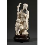 Elfenbein Figurengruppe "Taoistischer Weiser mit Diener", stehender bärtiger Mann mit Knotenstab un