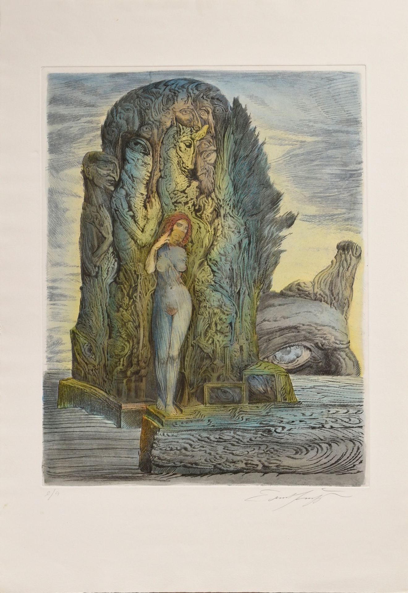 Fuchs, Ernst (1930-2015) "Standing female nude with mask", colour etching, e.a., b. sign./num., PM  - Image 2 of 3