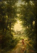 Büttger, Carl (1838-1919) "Path to Corvey Monastery near Höxter", oil/painting cardboard, sign. b.r