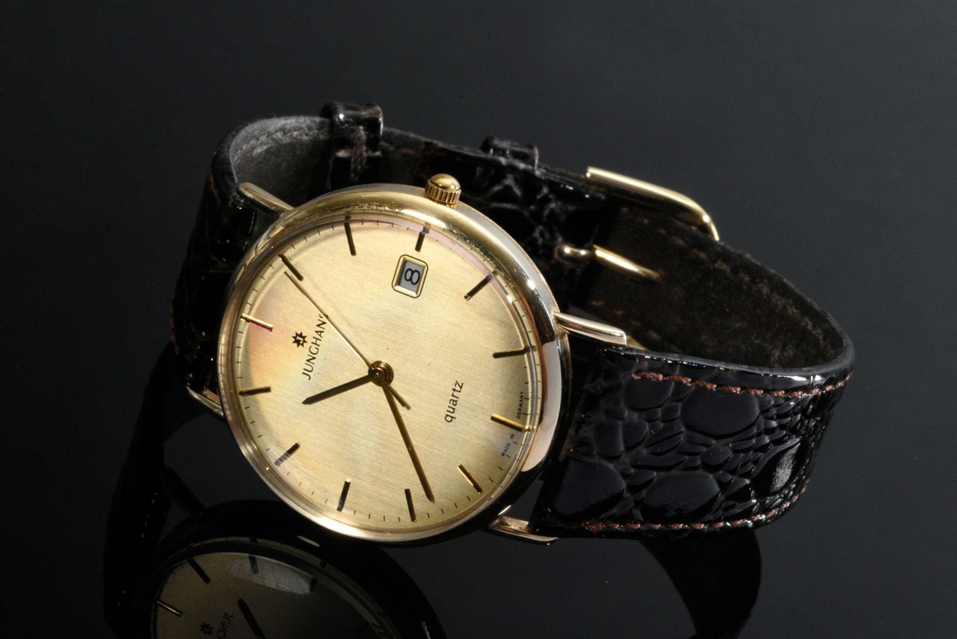 Yellow gold 585 Junghans wristwatch, quartz, date, large second, brown crocodile strap with gold-pl