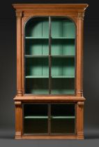 Large glass cabinet from old shop fittings, softwood body in classical design with side columns and