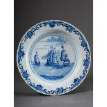 Small Delft faience plate with blue painting decor "Sea Battle" and inscription "Z:man", Holland 18