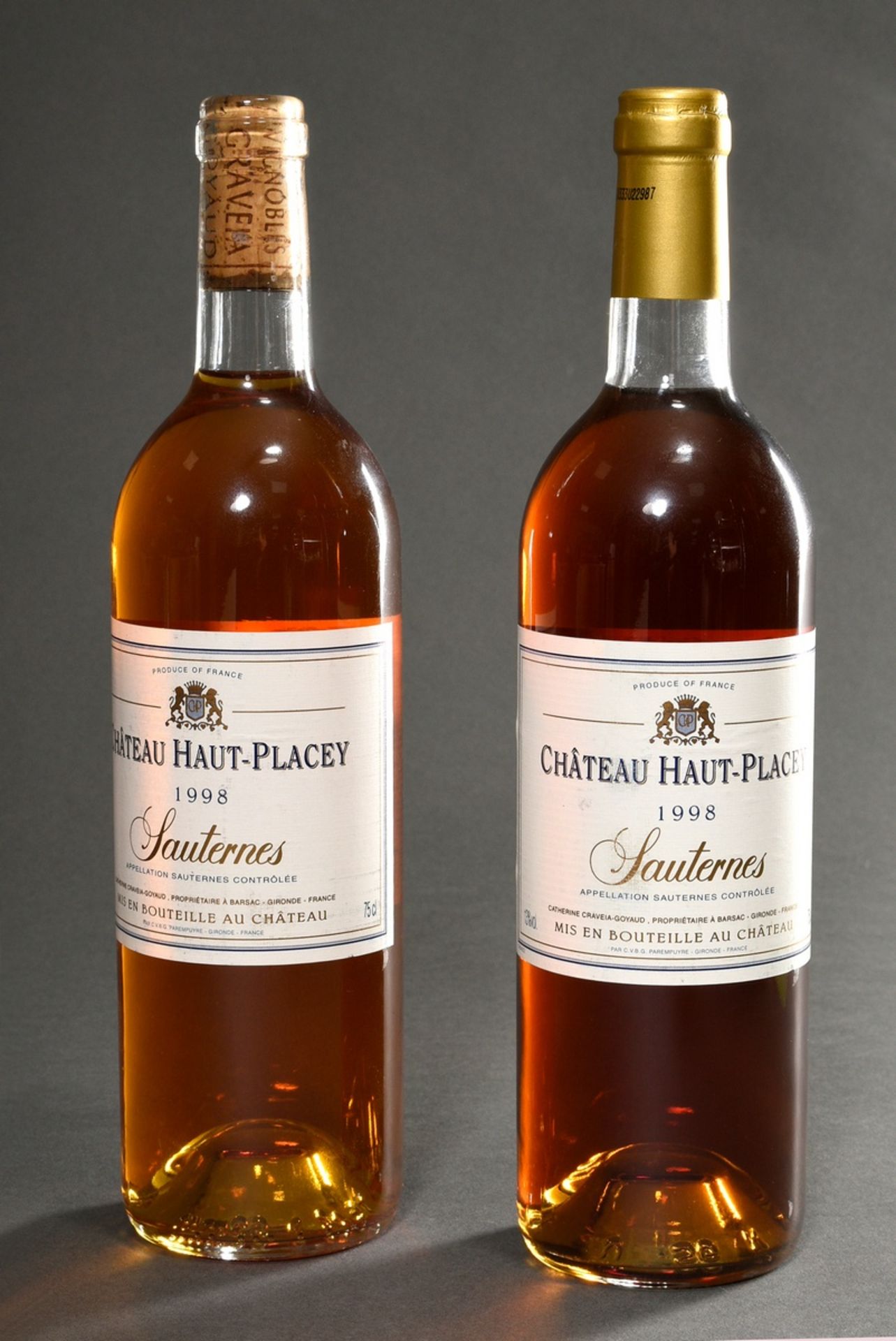 2 Flaschen 1998 Chateau Haut-Placey, Sauternes, Craveia-Goyaud, 0,75l, durchgehend gute Kellerlager