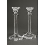 Pair of crystal column candlesticks on square feet, 20th c., h. 23cm