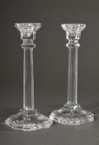 Pair of crystal column candlesticks on square feet, 20th c., h. 23cm