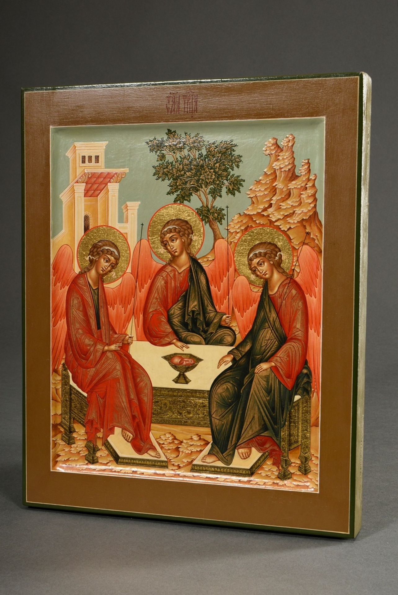 Russian icon "Holy Trinity", Old Testament type, painted in 2002 after an old model, egg tempera/ch