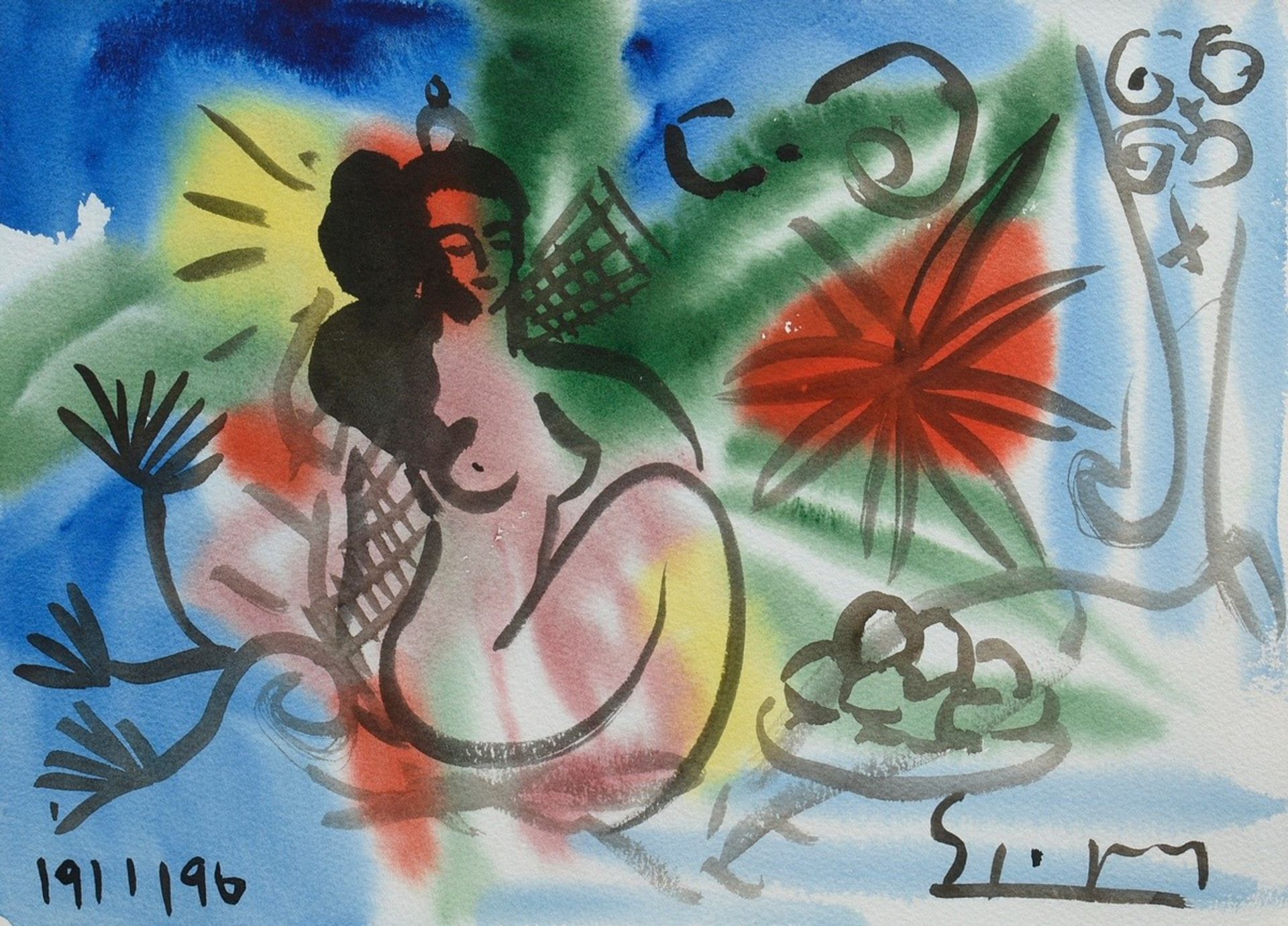 Szczesny, Stefan (*1951) "Nude in the garden" 1996, watercolour, b. dat./sign., free framed, magnif