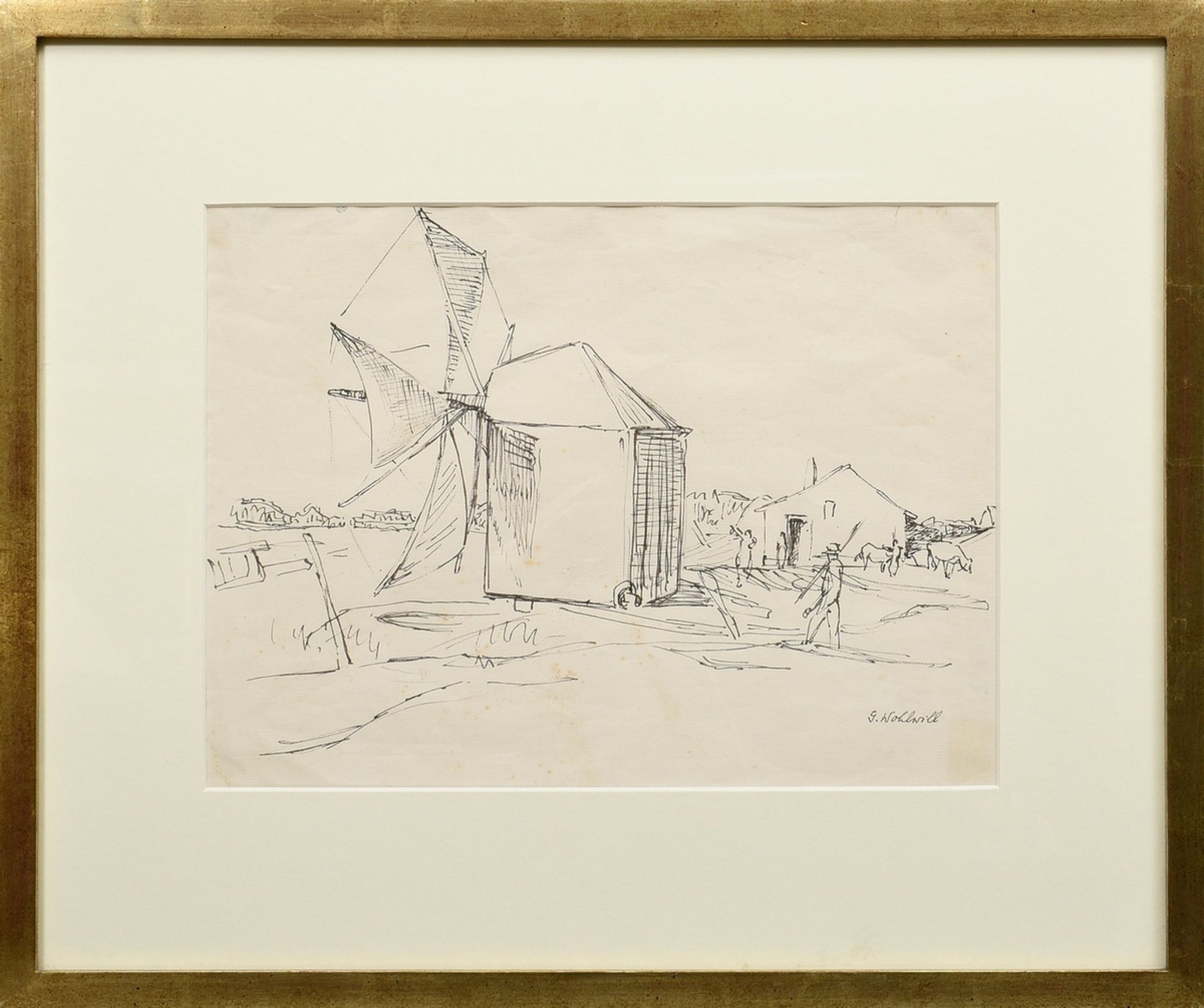 Wohlwill, Gretchen (1878-1962) „Dorf mit Windmühle“ (Portugal), Tinte, u.r. sign., 23x31,7cm (m.R.  - Bild 2 aus 3