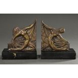 Pair of brass art deco bookends "Dancers" on a black marble plinth, each sign. "Kovars z", numbered