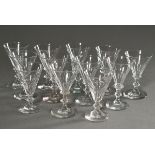 12 Sherry glasses with half surface cut on funnel domes over a round foot with nodus in the stem, h