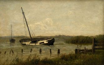 Leistikow, Walter (1865-1908) "Capsized sailing boat on the shore" 1884, oil/canvas, sign./dat. low