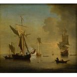 Unknown artist of the 17th c. "Dutch navy with saluting ship", oil on canvas, mounted, behind glass