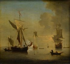 Unknown artist of the 17th c. "Dutch navy with saluting ship", oil on canvas, mounted, behind glass