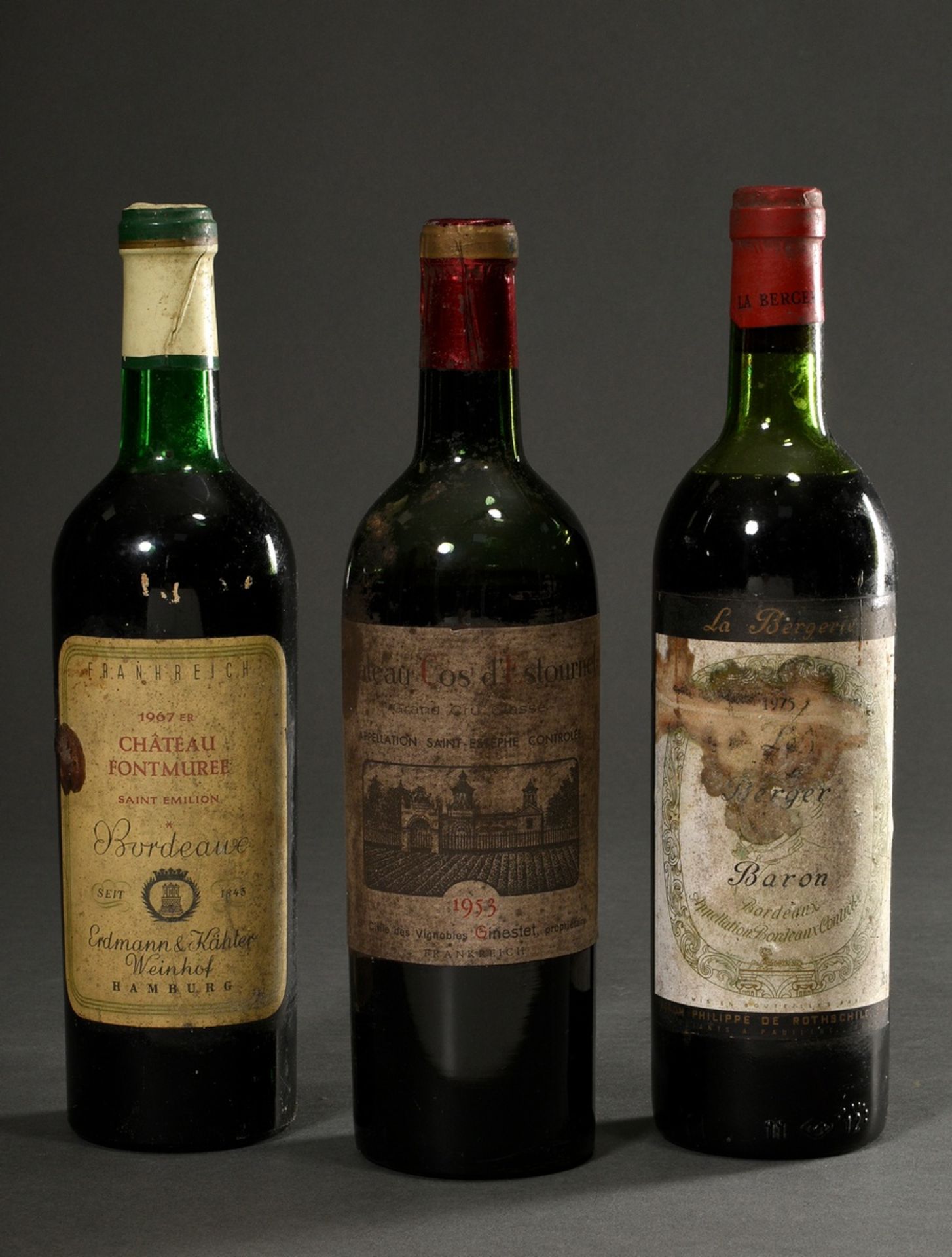 3 Diverse Flaschen Bordeaux: 1x 1953 Chateau Cos d´Estourel, Grand Cru Classe, St. Estephe, 1x 1967