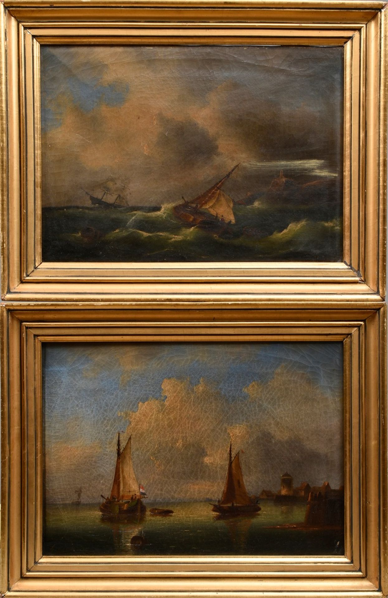 2 Unknown artist of the 18th/19th c. "Dutch Navy Motivs", oil/canvas, each illegibly sign. lower le