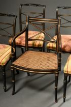 5 Pieces of delicate Sheraton chairs and armchairs with X-bracing in the backrest and turned front 