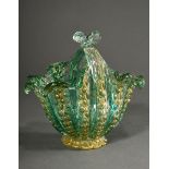 Barovier & Toso basket, colourless crystal glass with melted green granules and gold foil and pierc