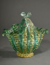 Barovier & Toso basket, colourless crystal glass with melted green granules and gold foil and pierc