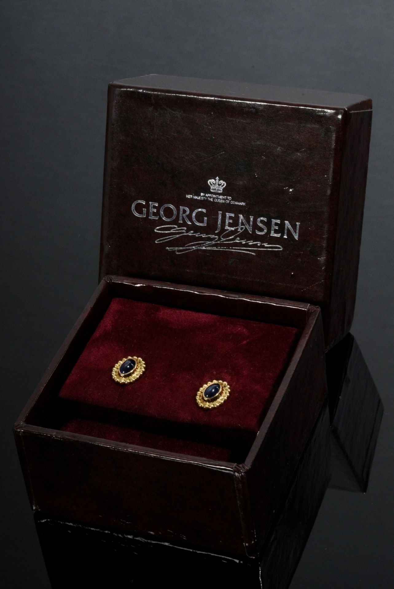 Paar Gelbgold 750 Georg Jensen "Moonlight Blossom" Ohrstecker mit Saphircabochons (3,3g, 10,6x8,8mm - Bild 3 aus 3