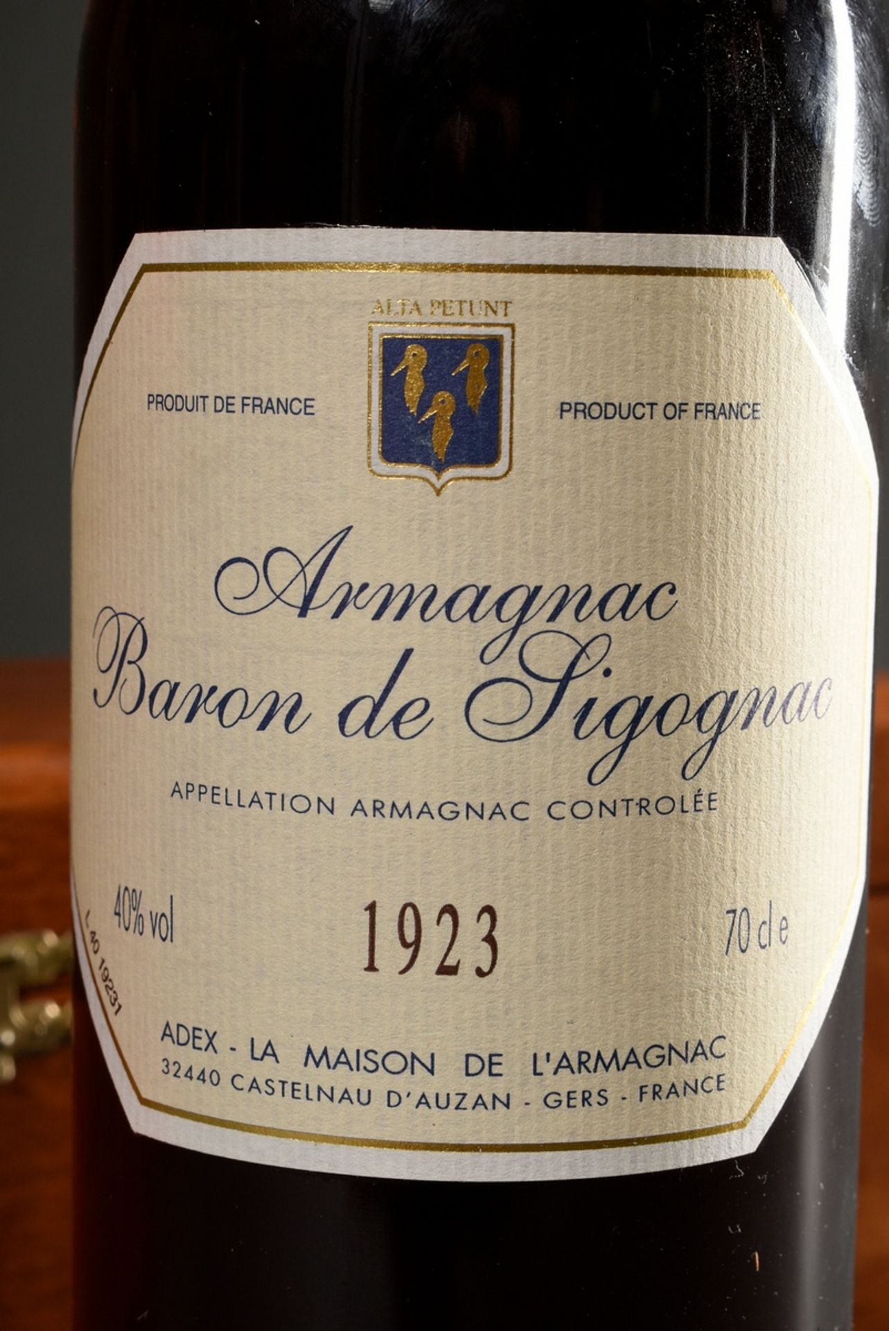 Bottle of Armagnac "Baron de Sigognac" 1923, in original wooden box with brass label, Gers, France, - Image 2 of 7