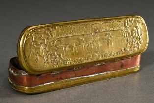 Iserlohn tobacco tin with city views: Hamburg and Amsterdam, oblong copper box with vedute embossed