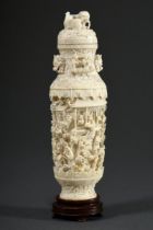 Ivory lidded vase, body with semi-plastic relief "Garden scenes with pavilion", neck with lion masc