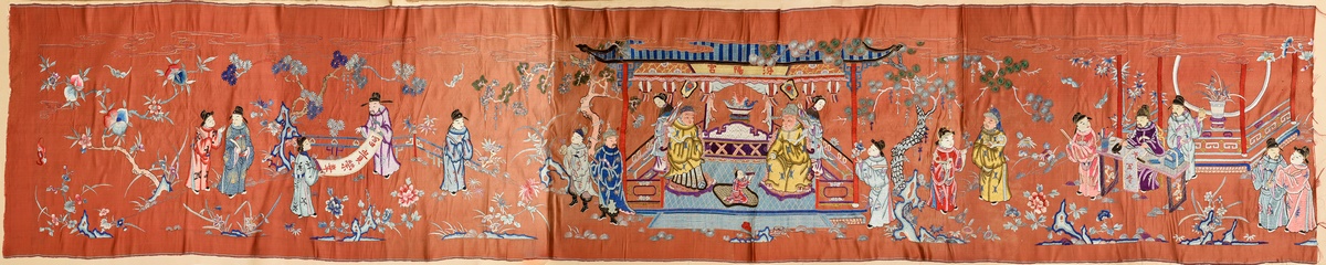 Chinese silk wall hanging with detailed flat embroidery in polychrome silk and gold threads "Audien