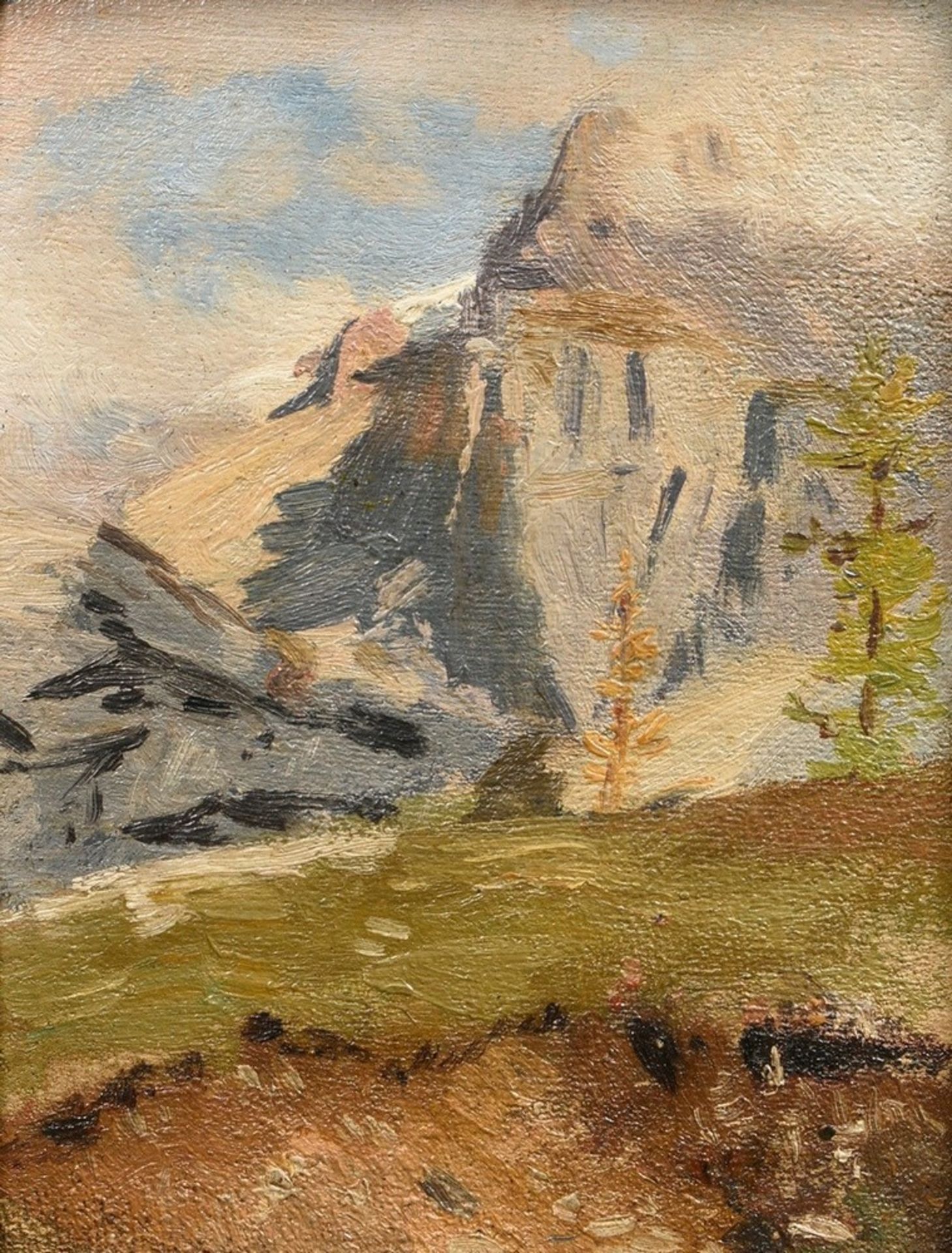 Unknown artist c. 1900 "Matterhorn", oil/canvas mounted on cardboard, stepped, gilded frame, 16.5x1