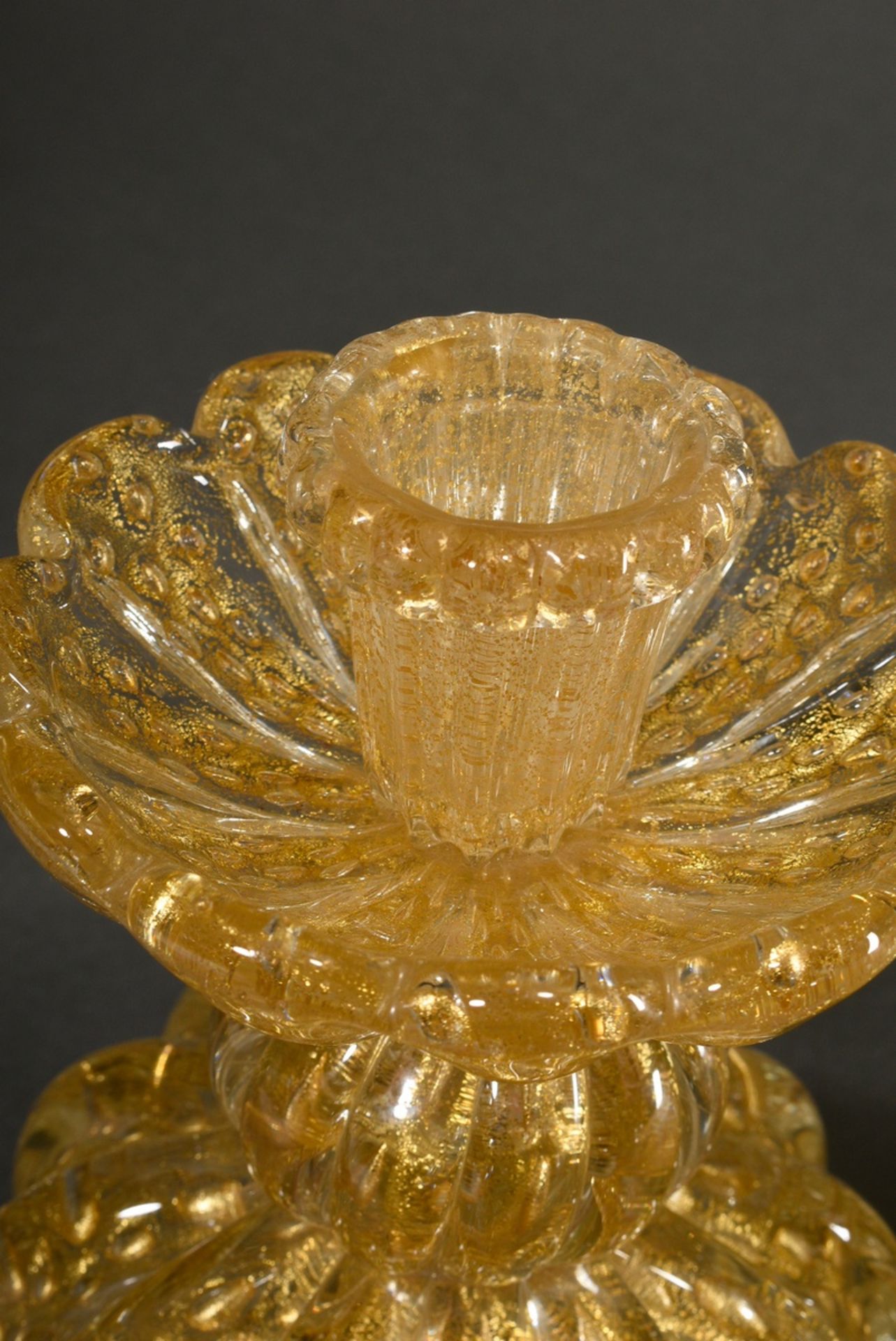 Pair of Barovier & Toso candlesticks in double baluster form, colourless crystal glass with melted  - Image 3 of 4