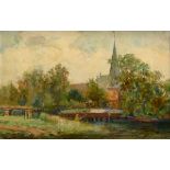 Reimer, Tom (1906-1975) "Wooden Bridge and St. Johannis Church in Eppendorf" 1972, oil/painting pla