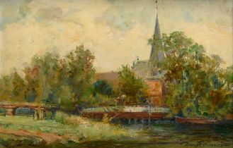 Reimer, Tom (1906-1975) "Wooden Bridge and St. Johannis Church in Eppendorf" 1972, oil/painting pla