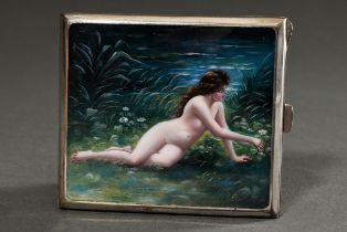 Art Nouveau case with enamel painting "Water Nymph", silver-plated metal, gold-plated inside, 8.6x7