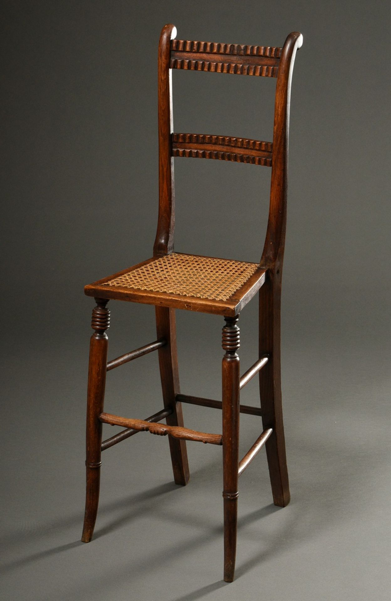 English children's high chair with lathed and carved frame and woven seat, 19th c., h. 54/100cm
