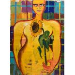 Bach, Elvira (*1951) "Woman with sunflower" 1992, acrylic/paper, t.r. sign./dat., 104x76,5cm (w.f. 