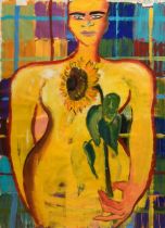 Bach, Elvira (*1951) "Woman with sunflower" 1992, acrylic/paper, t.r. sign./dat., 104x76,5cm (w.f. 