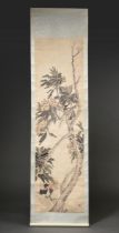 Chinesisches Rollbild "Vogel und Baum mit orangen Früchten", farbige Tusche auf Papier auf Seide mo