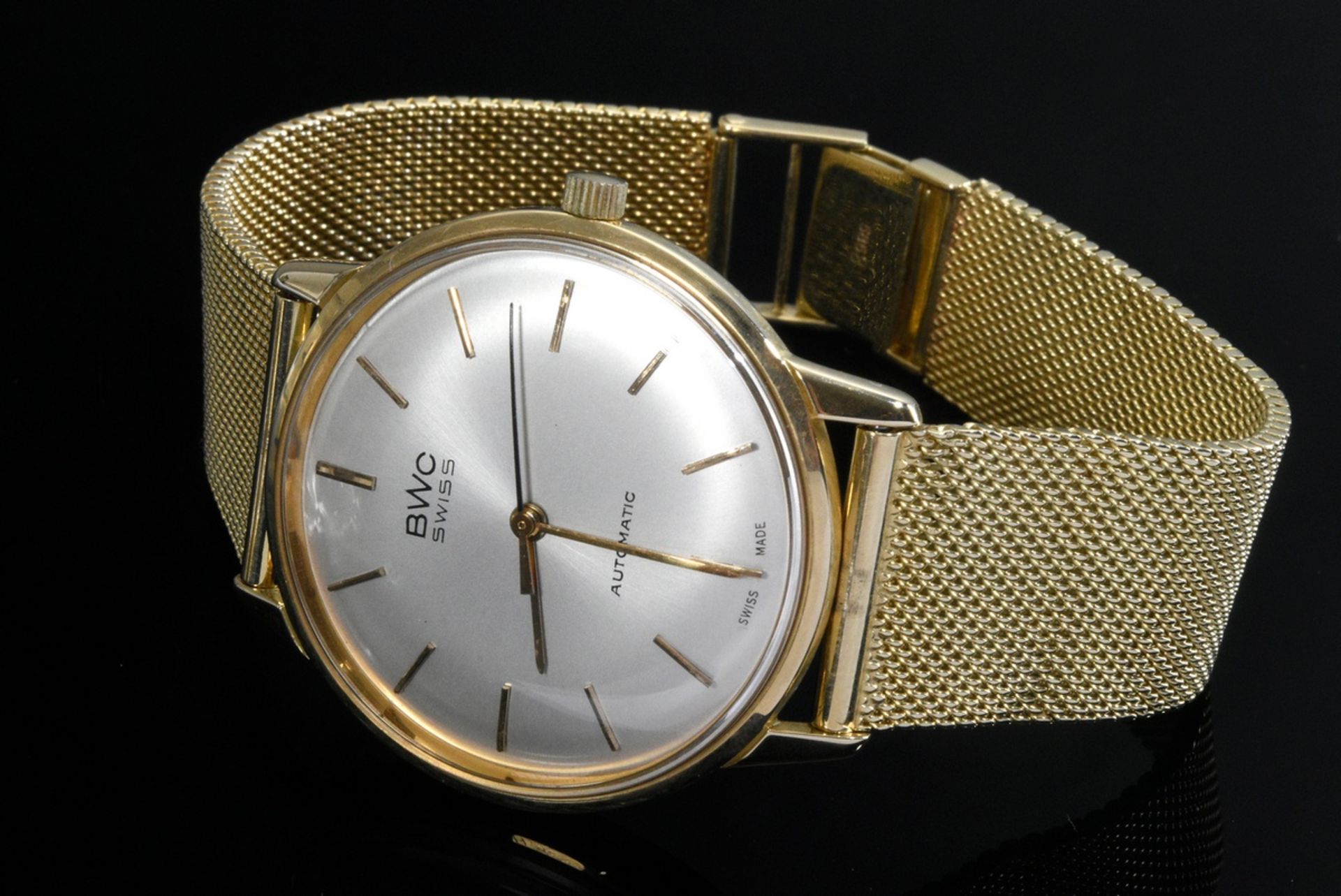 BWC Swiss yellow gold 585 men's wristwatch, automatic, Milanaise bracelet (worn), hour markers, lar