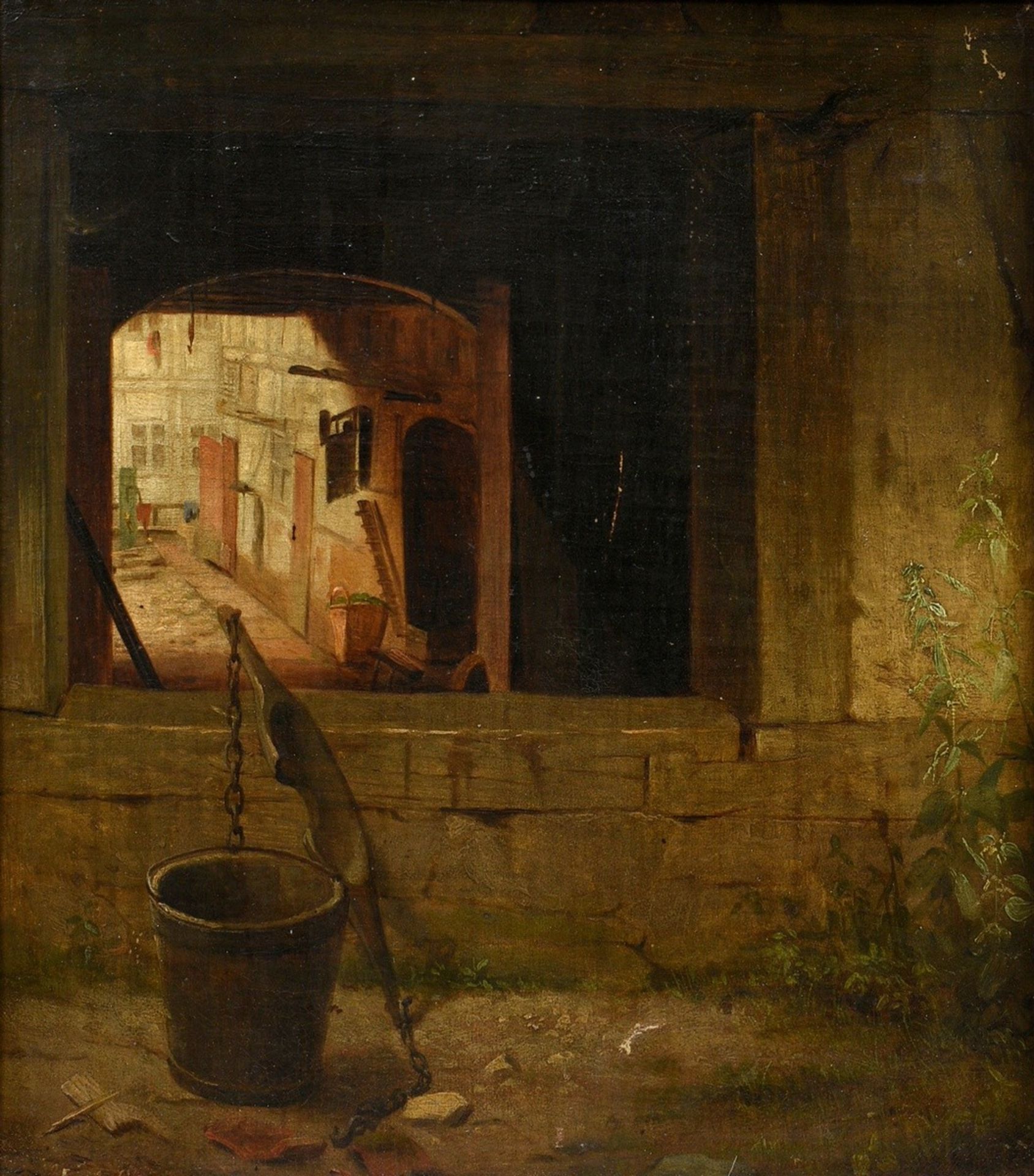 Unknown artist of the 19th c. (Lip?) "View into a workshop courtyard" 1878, oil/canvas mounted on c