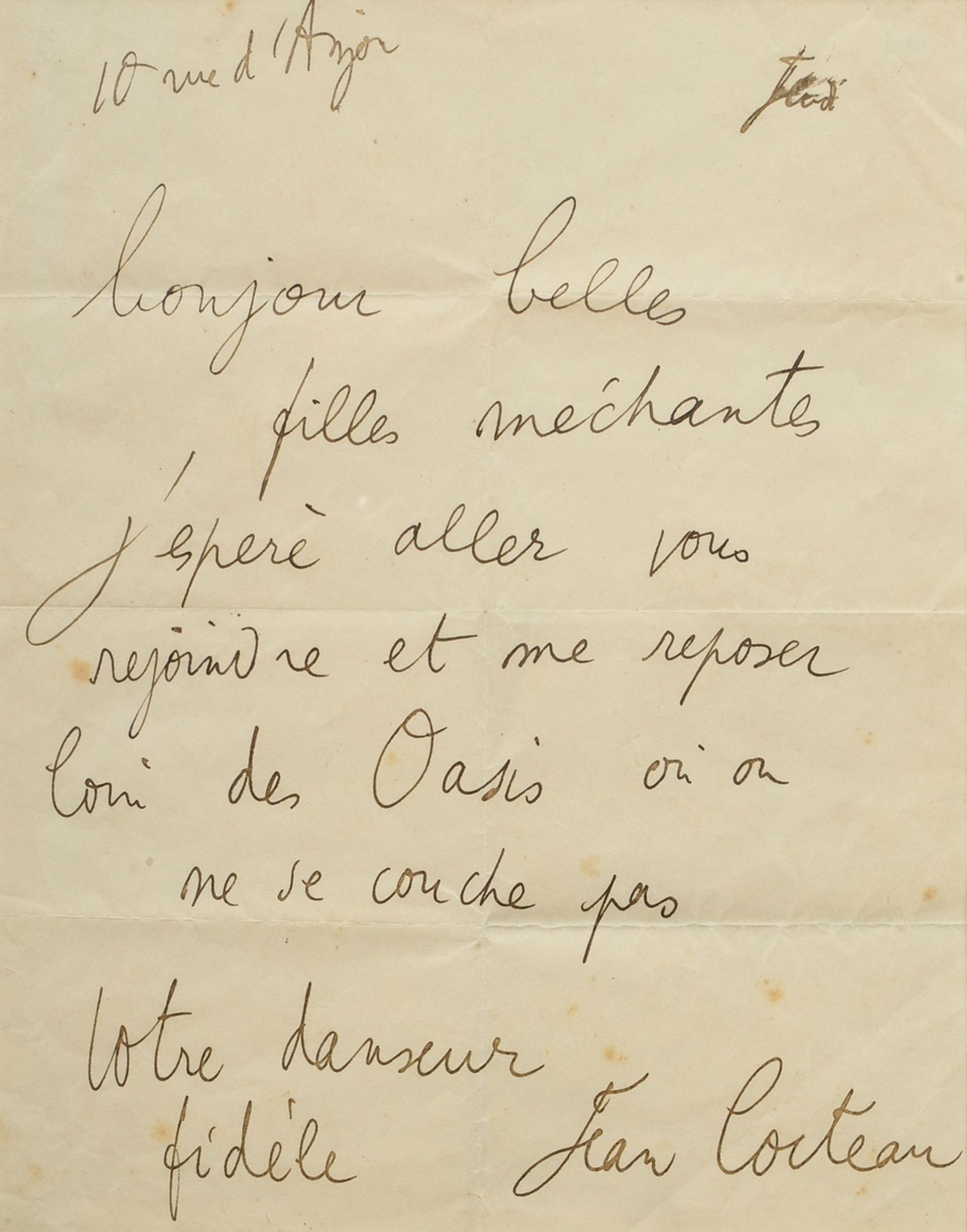 Cocteau, Jean (1889-1963) handgeschriebener Brief "Bonjour belles filles merchantes...", Tinte, u.r - Bild 2 aus 3